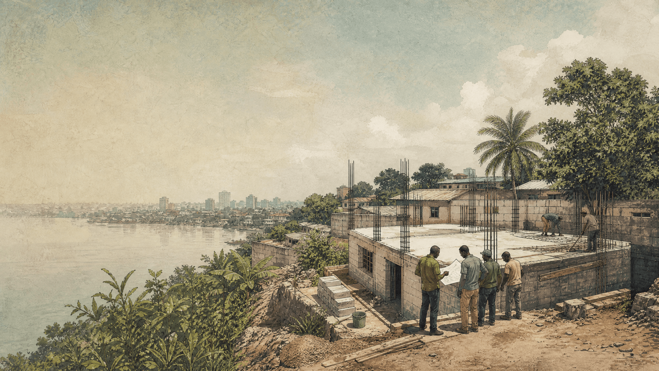 Editorial illustration of a low-rise Kinshasa construction team reviewing work at a residential site.